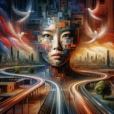 The primary subject of the image is a woman's face, which is the focal point of the artwork. The setting is a futuristic cityscape, with a backdrop of skyscrapers and a bridge. The visual style is a combination of digital art and illustration, creating a unique and intricate design. The colors and mood of the image are vibrant and dynamic, with a mix of warm and cool tones that evoke a sense of movement and energy.